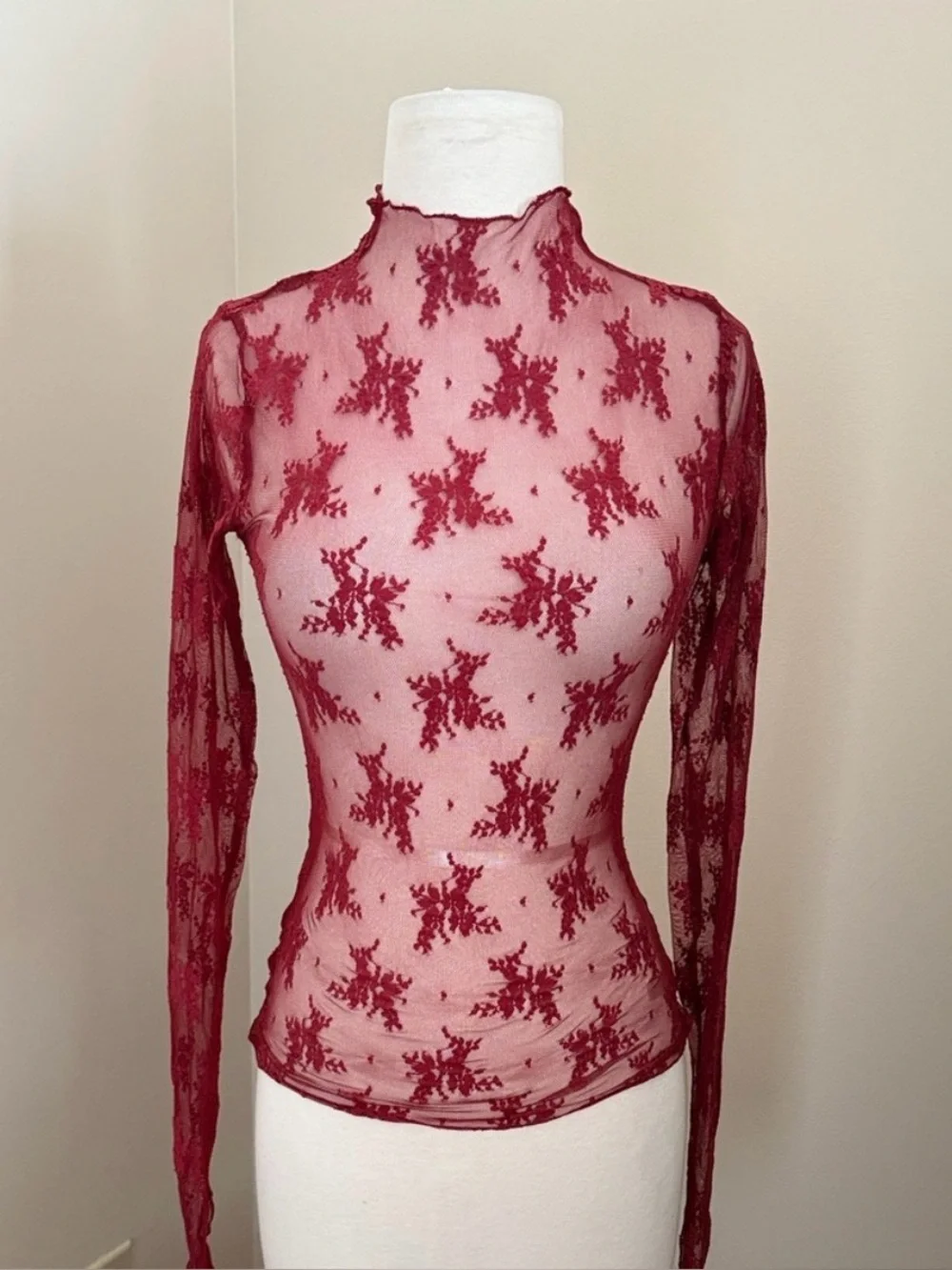 INTIMATE FREE PEOPLE Burgundy Floral Mesh Mock Neck Layering Top, Size Smal